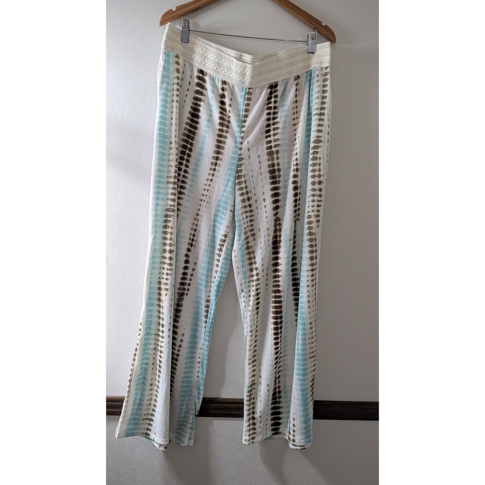 C. Est. 1946‎ Womens XL Tie Dye Wide Leg Pants Blue Brown Smocked Waist Slit Leg
